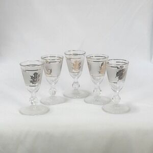 Vintage Mid Century Frosted Silver & Gold Leaf Cordial Liqueur Glasses Set of 5